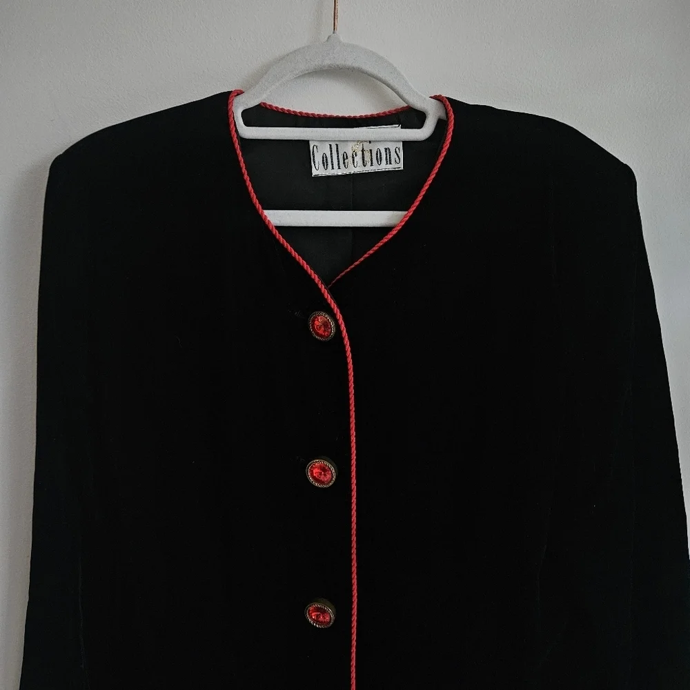 Vintage 80's Velour JS Collections Coat With Jewel Red Buttons & Trim - Picture 2 of 12